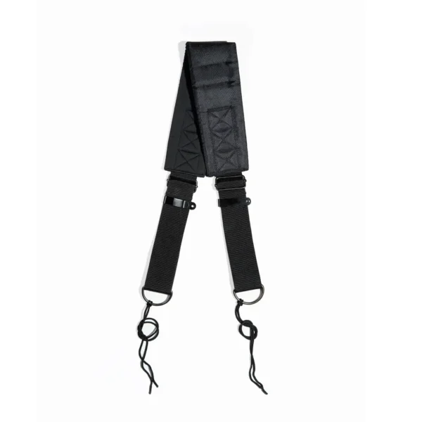JINLEI katsugi strap for katsugi shime daiko, black padded shoulder strap with adjustable buckles and D-ring cord attachments, full view