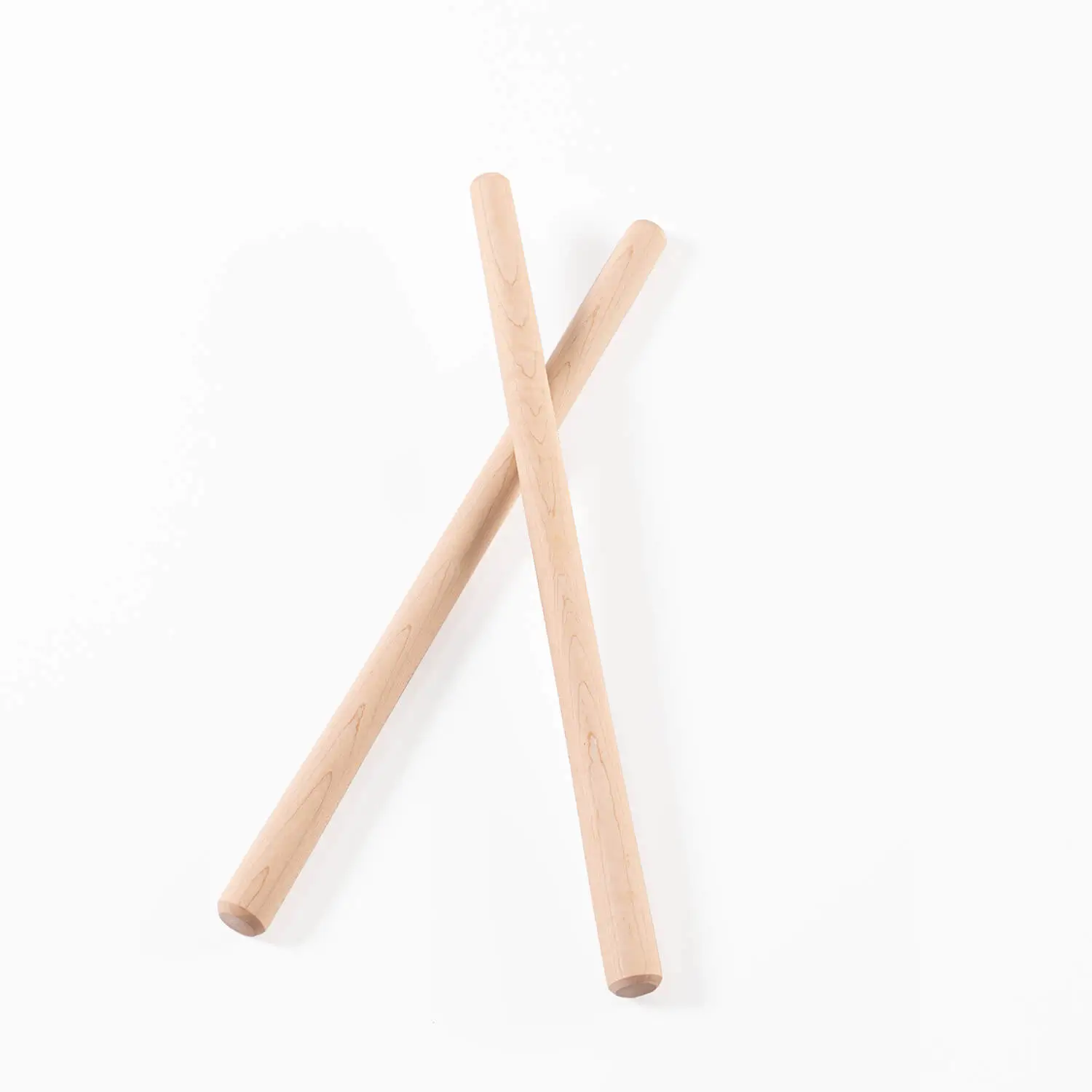 JINLEI maple bachi for shime daiko, crossed pair of natural maple wood drumsticks with smooth rounded tips, full view