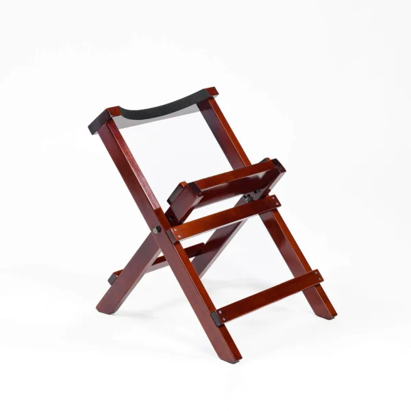 JINLEI Nagado Daiko Naname Slant Stand front angle view showing mahogany-finished folding wood frame with curved drum cradle and black non-slip padding