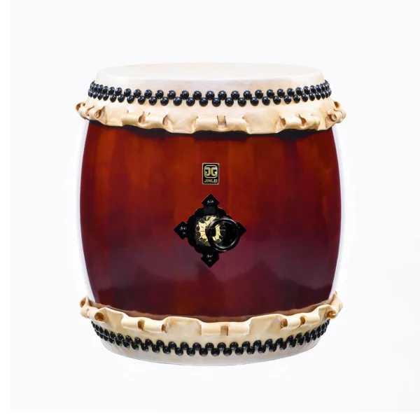 JINLEI nagadou daiko buna drum front view showing deep burgundy barrel-shaped body with glossy lacquer finish, black bead tacking and black iron diamond-shaped ring hardware