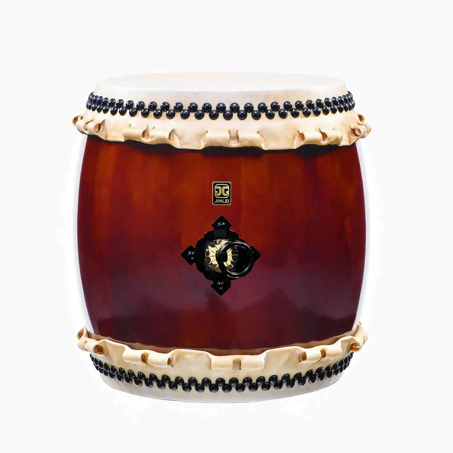 JINLEI nagadou daiko buna drum front view showing deep burgundy barrel-shaped body with glossy lacquer finish, black bead tacking and black iron diamond-shaped ring hardware