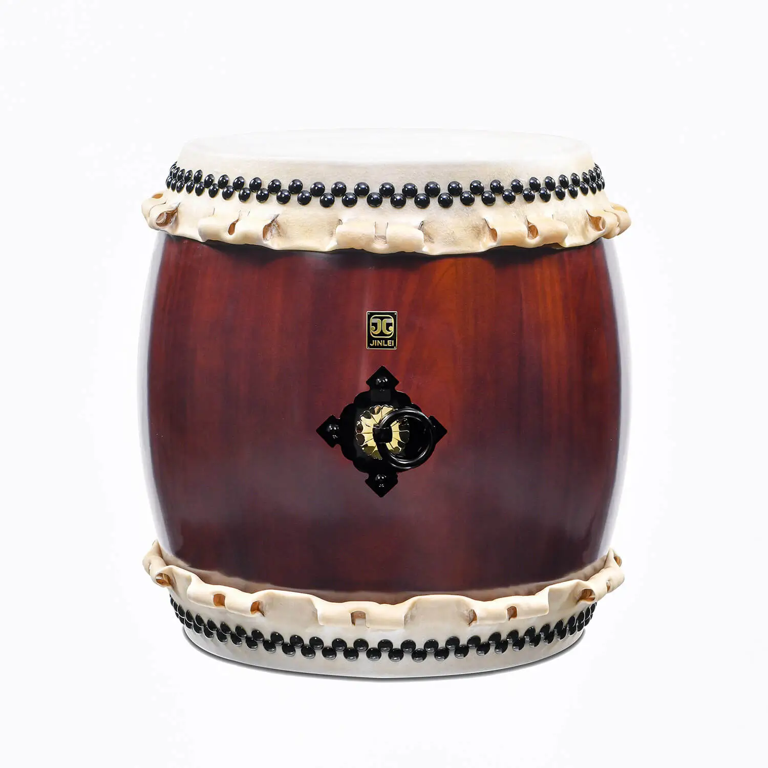 JINLEI Nagadou Daiko Kapiac drum front view showing deep burgundy barrel-shaped body with glossy lacquer finish, black bead tacking and black iron diamond-shaped ring hardware
