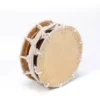 JINLEI Namitsuke Shime Daiko drum angled view showing natural cowhide drumhead with hand-stitched leather rim, white twisted rope tension lacing and warm amber wood shell