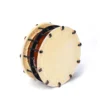 JINLEI Namituke Shime Daiko bolt drum angled view showing natural cowhide drumhead with stitched leather rim, black metal bolt tension system with leather washers and amber lacquered wood shell