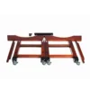 JINLEI O-Daiko Four-Pillar Stand in folded flat storage position showing mahogany wood frame with dual curved cradles, black metal brackets and multiple swivel caster wheels