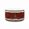 JINLEI O-Hira Daiko Kapiac drum full front view showing wide low-profile glossy body with cowhide drumhead, double-row black bead tacking, rawhide lacing and deep burgundy kapiac wood shell with ornate black and gold ring hardware