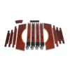 JINLEI O-Hira Daiko Tower Stand disassembled parts layout showing two curved mahogany drum cradle panels, four vertical pillars with caster wheels, horizontal crossbars, wooden pegs and black foam padding