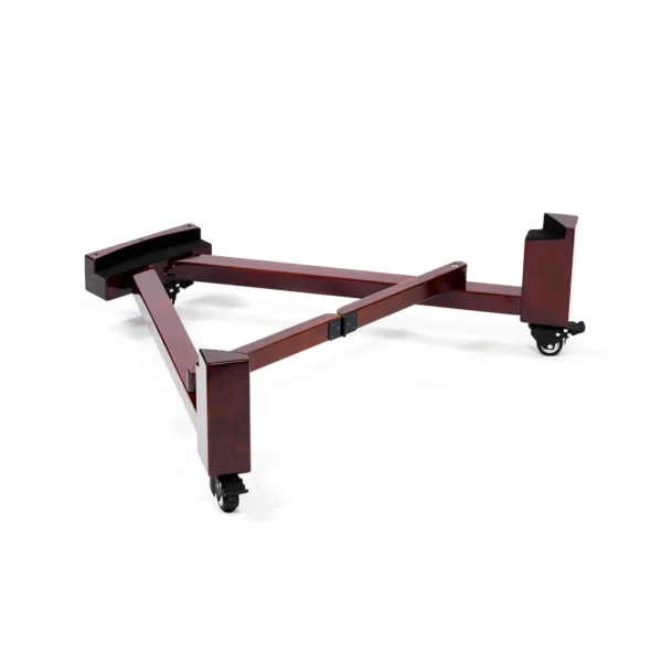 JINLEI O-Hira Daiko V Foldable Stand in open position showing deep burgundy mahogany V-shaped frame with notched drum cradle ends, center hinge joint and lockable swivel caster wheels