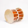 JINLEI oke daiko amber yellow, lacquered amber yellow stave shell with white rope tuning and cowhide heads, side angle view
