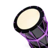 JINLEI oke daiko cool black, close-up of cowhide drumhead with purple rope tuning on glossy black shell