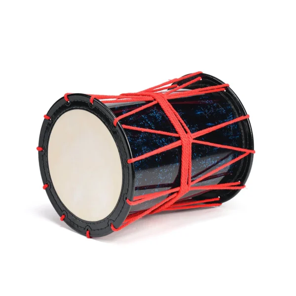 JINLEI oke daiko lceland blue, dark blue speckle shell with red rope tuning and cowhide heads, side angle view
