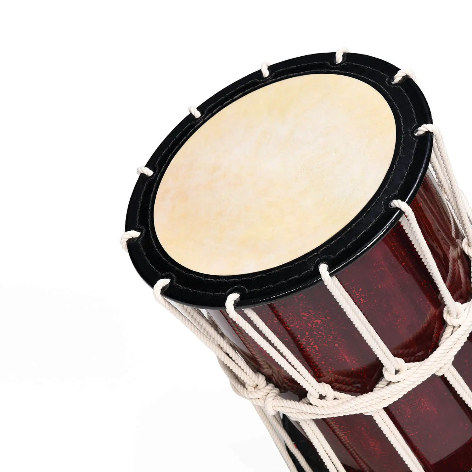 JINLEI oke daiko summer red, close-up detail of white rope knot and sparkle red shell with cowhide drumhead