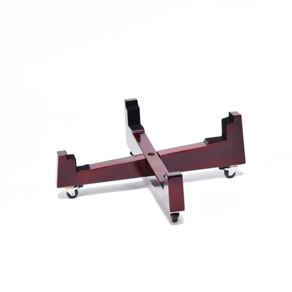 JINLEI okedou daiko x stand, cherry lacquered cross-shaped base with padded cradles and caster wheels, angle view