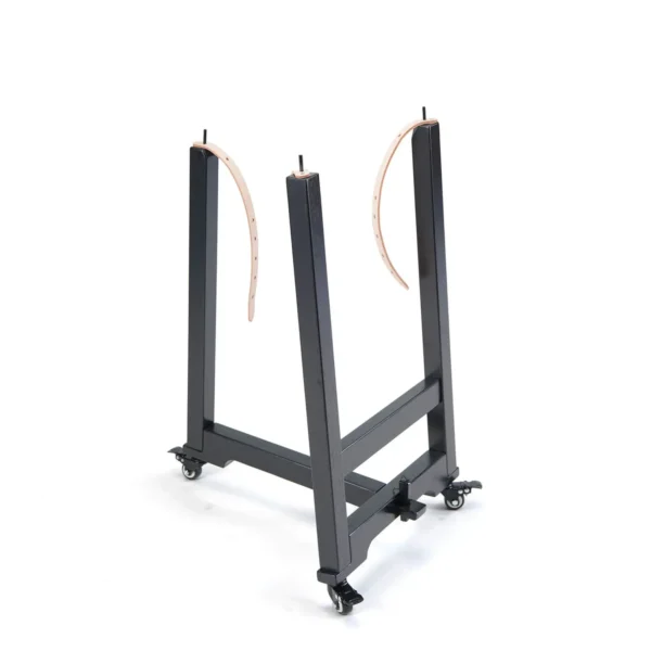 JINLEI shime daiko hang stand, black frame with leather straps and locking casters, front angle view