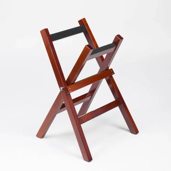 JINLEI shime daiko x stand, dark cherry wood folding drum stand with padded crossbars, front angle view