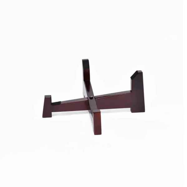 JINLEI Shime X Sitting Stand full view showing deep burgundy lacquered cross-shaped interlocking wood base with notched drum cradle ends and black non-slip padding