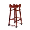JINLEI Yagura Tower Stand for Nagado Daiko full view showing tall mahogany-finished wood frame with curved drum cradle, cross-beam supports and lockable rubber caster wheels