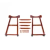 JINLEI Yagura Tower Stand for Nagado Daiko disassembled parts layout showing two side frames with caster wheels, four horizontal crossbars and wooden pegs for assembly