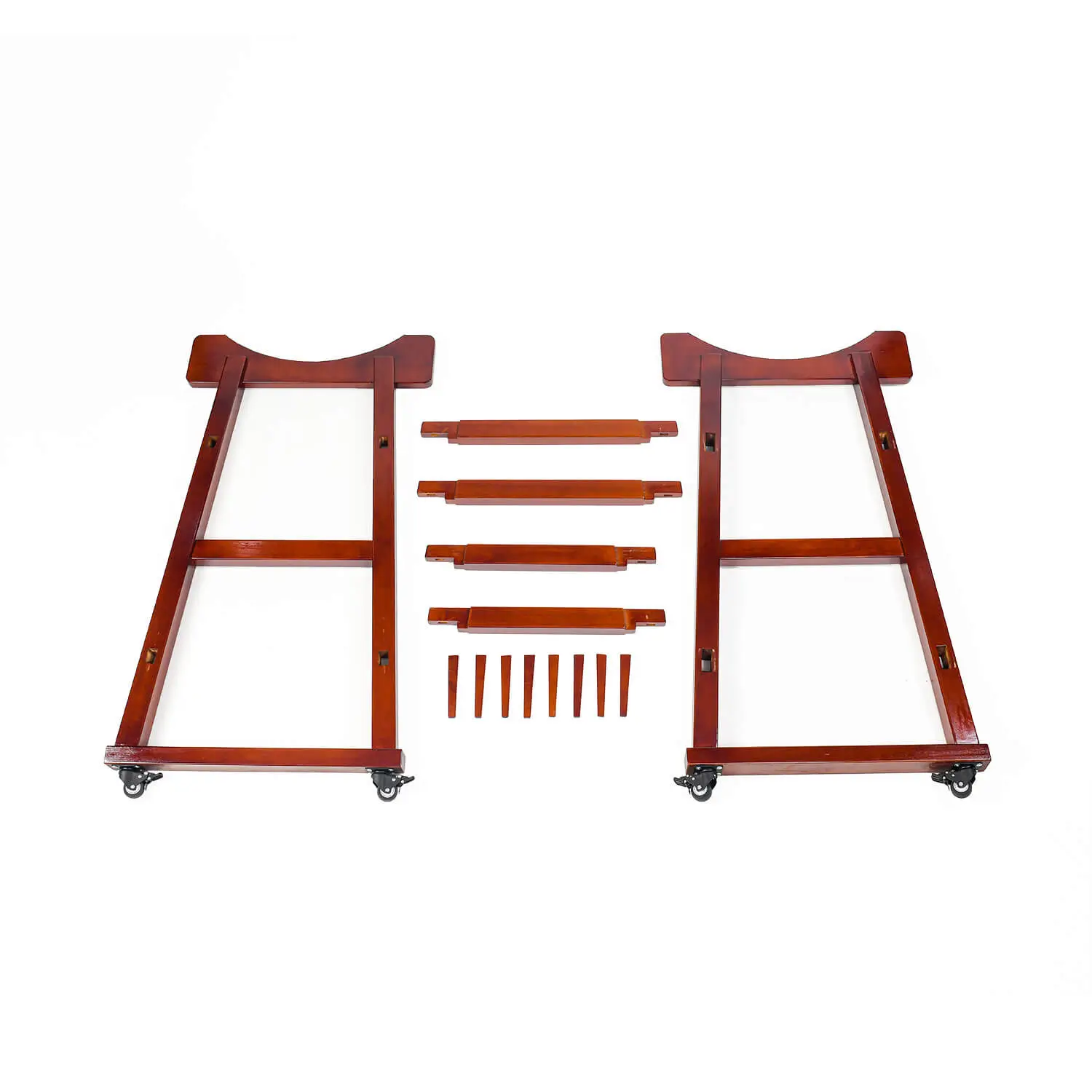 JINLEI Yagura Tower Stand for Nagado Daiko disassembled parts layout showing two side frames with caster wheels, four horizontal crossbars and wooden pegs for assembly
