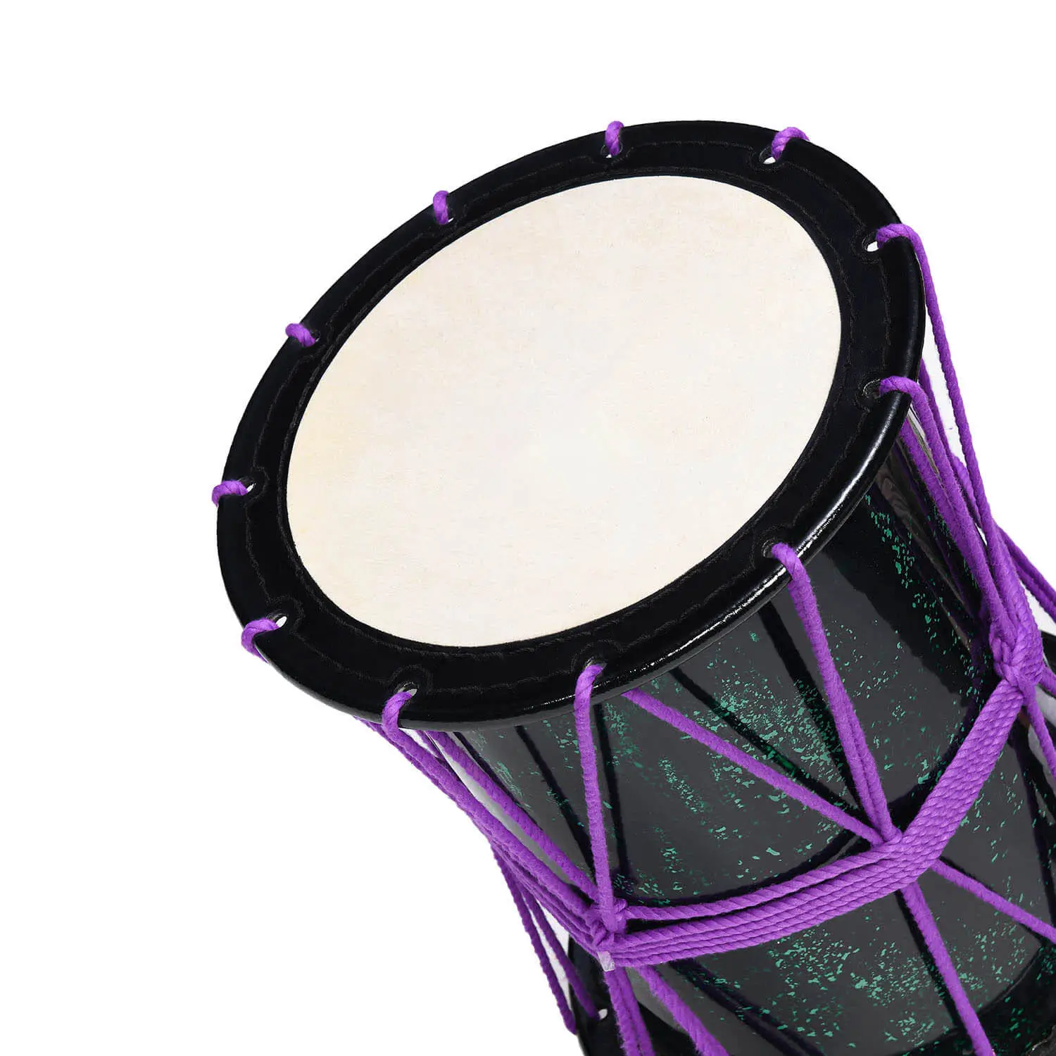 JINLEI 炎 Katsugi Aurora Green, dark green speckle shell with purple rope tuning and cowhide drumhead, top angle close-up