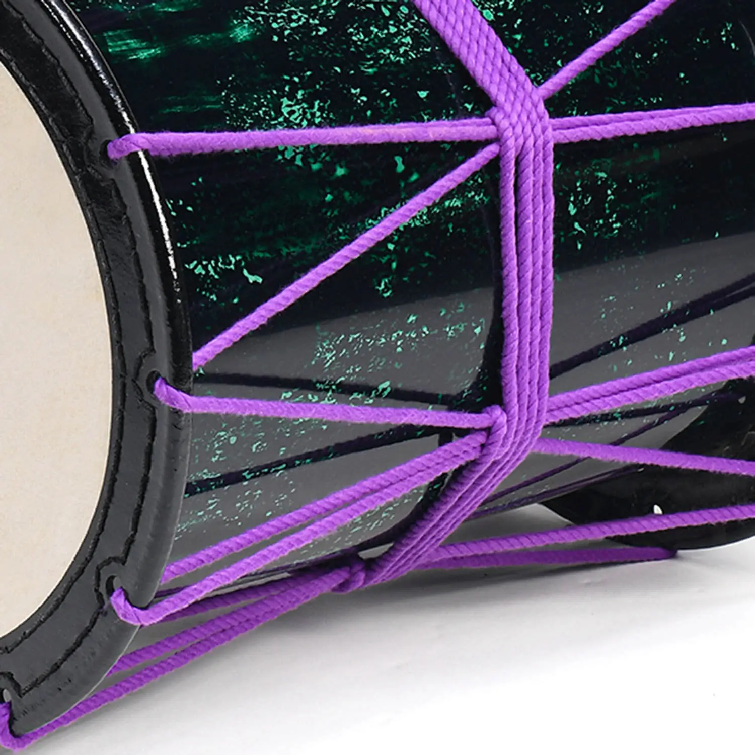 JINLEI 炎 Katsugi Aurora Green, close-up detail of purple rope knot and dark green speckle shell with cowhide drumhead