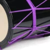 JINLEI 炎 katsugi cool black, close-up detail of purple rope knot and glossy black shell with cowhide drumhead
