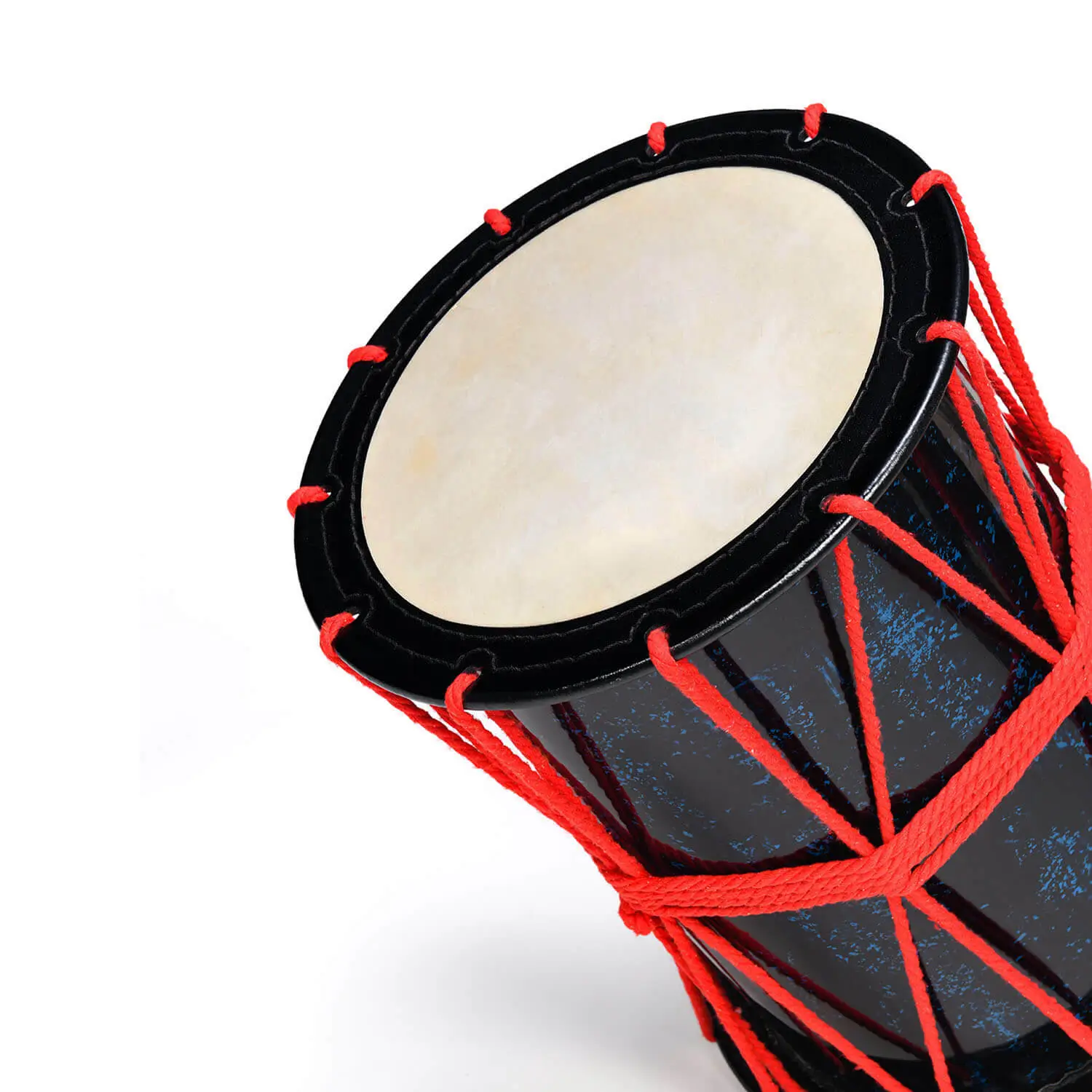 JINLEI 炎 Katsugi Lceland Blue, dark blue speckle shell with red rope tuning and cowhide drumhead, top angle close-up