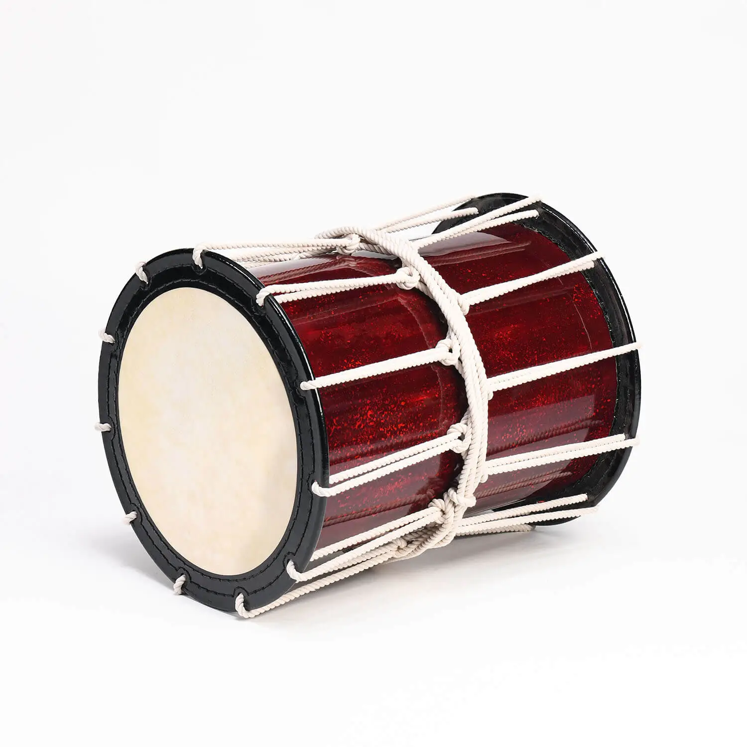 JINLEI 炎 katsugi summer red, full drum side view showing sparkle red shell with white rope pattern and natural skin heads