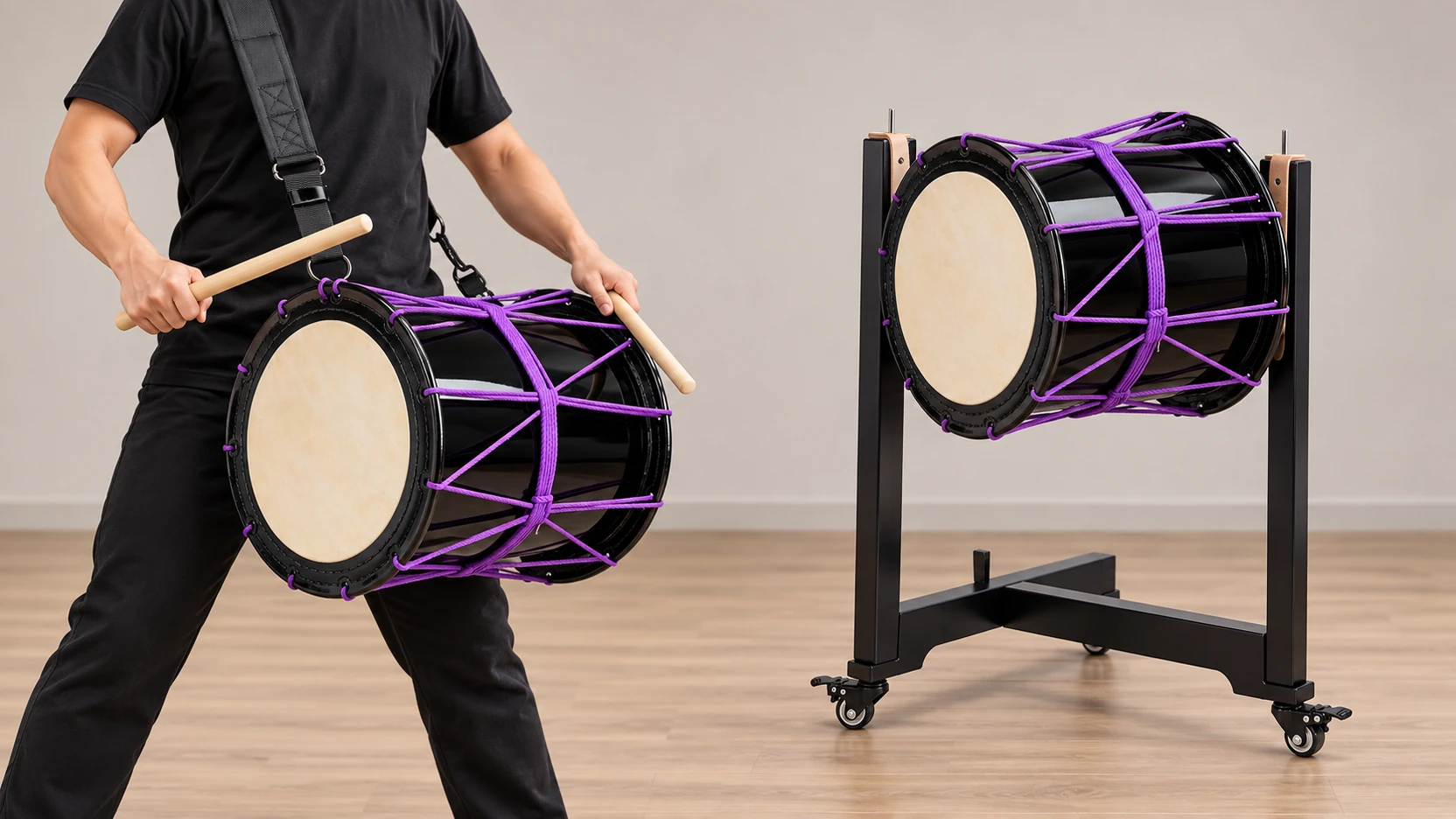 JINLEI Katsugi Daiko shoulder-carried beside Oke Daiko on a stand