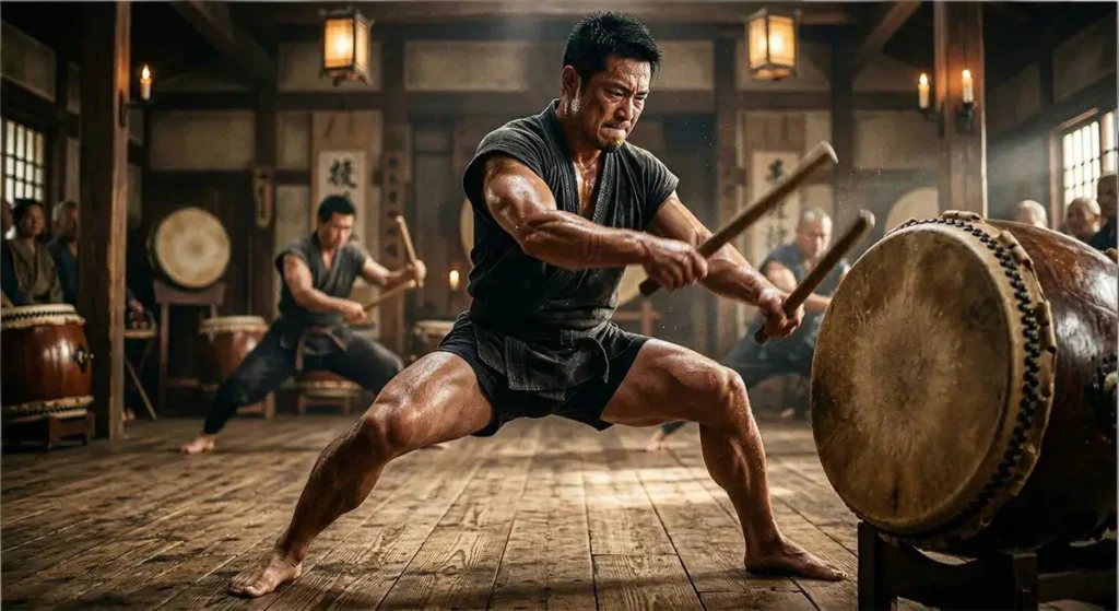 A muscular man in traditional clothing aggressively striking a large taiko drum with sticks while holding a low horse stance in a wooden dojo.