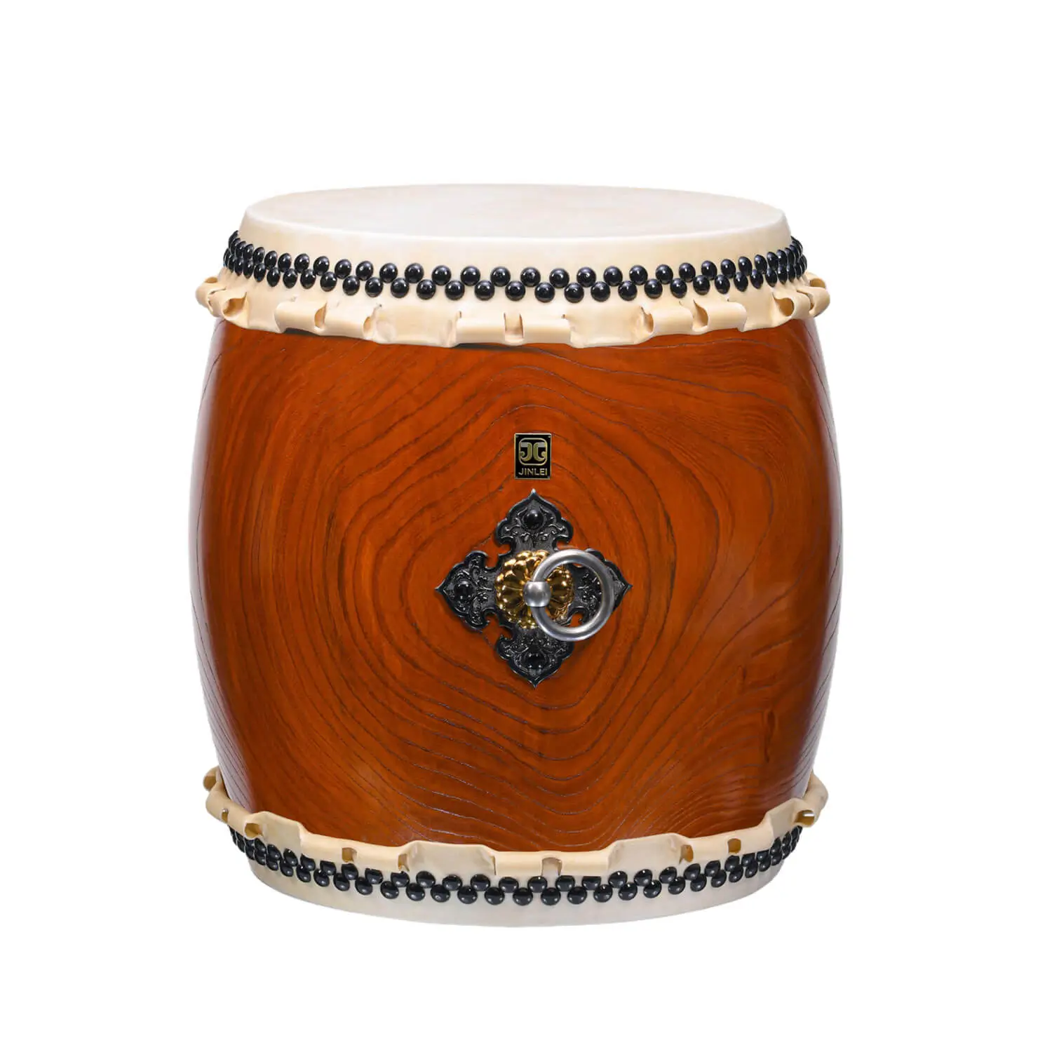 Nagado Daiko Drum Keyaki Kurinuki front view showing barrel-shaped body with natural wood grain, black bead tacking, and ornate iron ring hardware