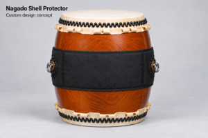 Custom Nagado shell protector concept covering the center of the wooden drum body while leaving the metal rings exposed