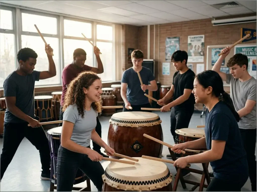 A diverse group of smiling high school students playing large traditional Japanese taiko drums together in a bright classroom. They are holding wooden drumsticks in the air, demonstrating teamwork, joy, and active engagement in a school music program.