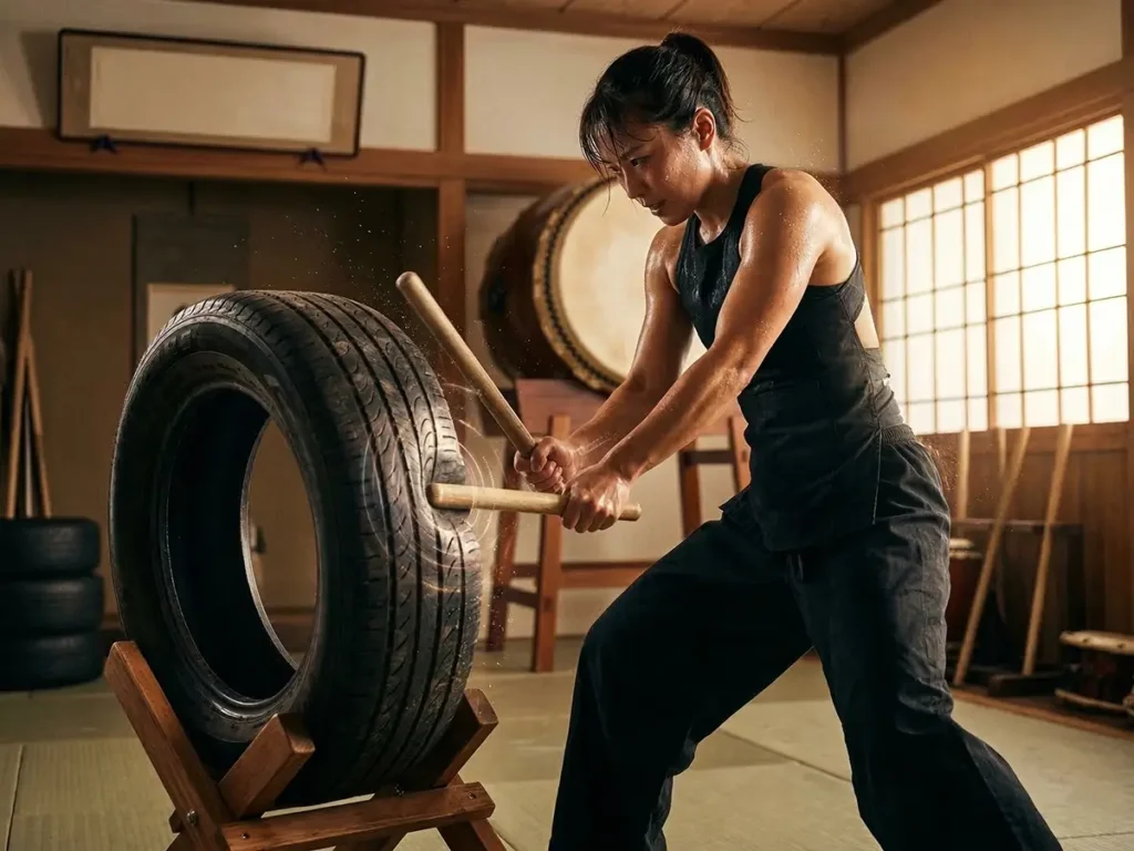 A focused woman practicing drumming with wooden sticks on a subway car. Red energy pulses around her, with a taiko drum reflection.