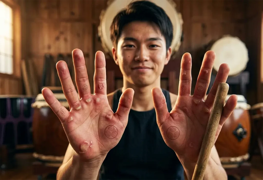 A smiling taiko beginner proudly holding up his hands to the camera to show off his blisters and calluses, illustrating the common trend of treating them as a 'badge of honor' after drumming practice.