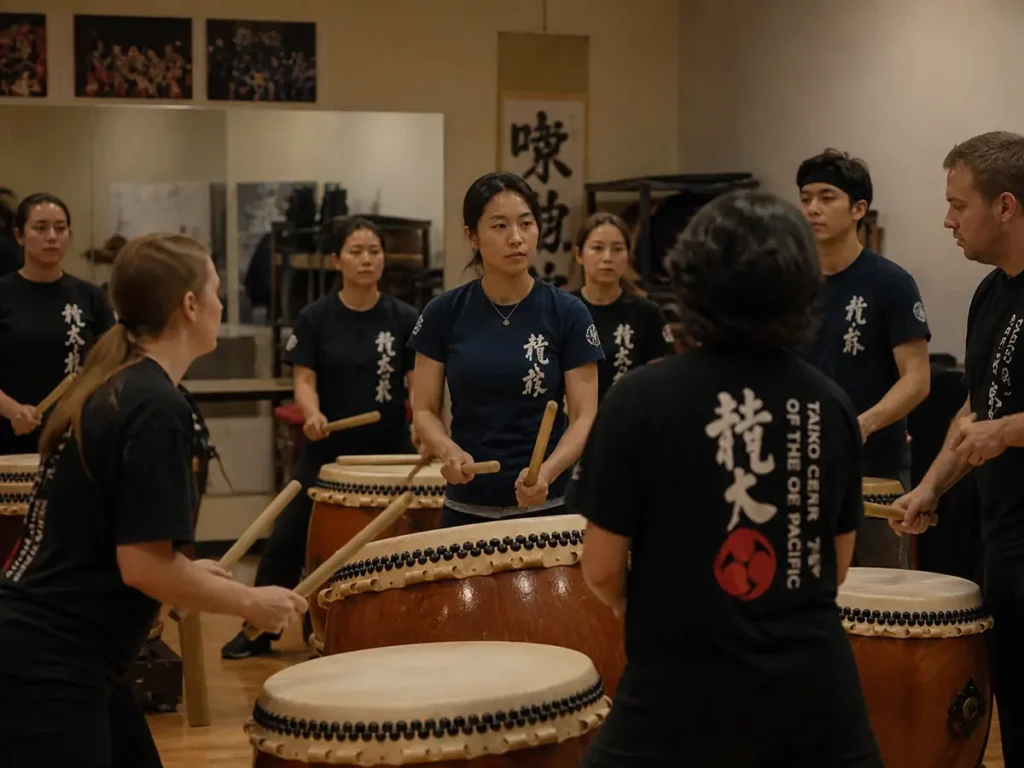 Taiko Center of the Pacific group practice session with students playing nagado taiko drums using wooden bachi in a studio with Japanese calligraphy scrolls on the wall