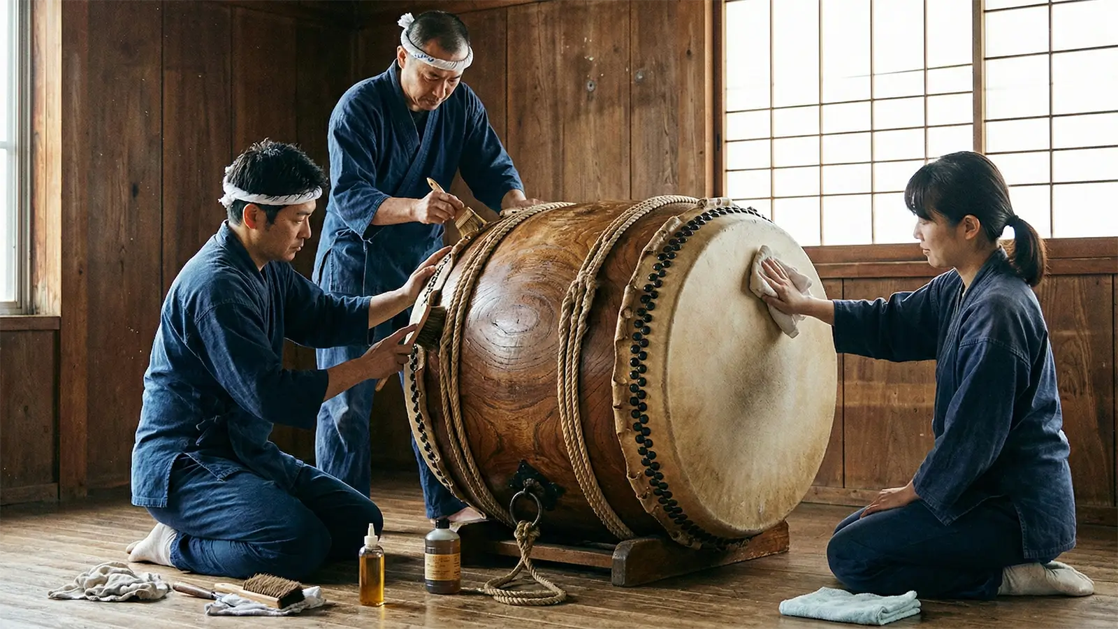 Taiko drum maintenance routine: polishing the body and wiping the head for weather protection.