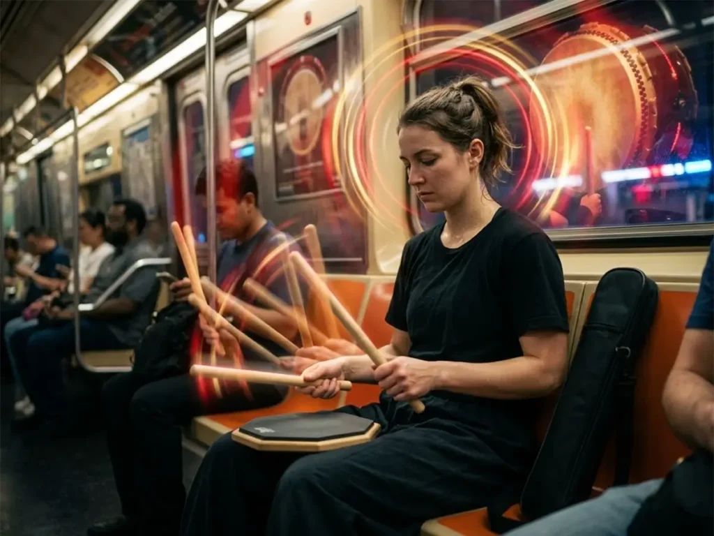 She is intensely practicing a rhythmic pattern on a small practice pad on her lap, using wooden bachi sticks that show realistic red motion blur.