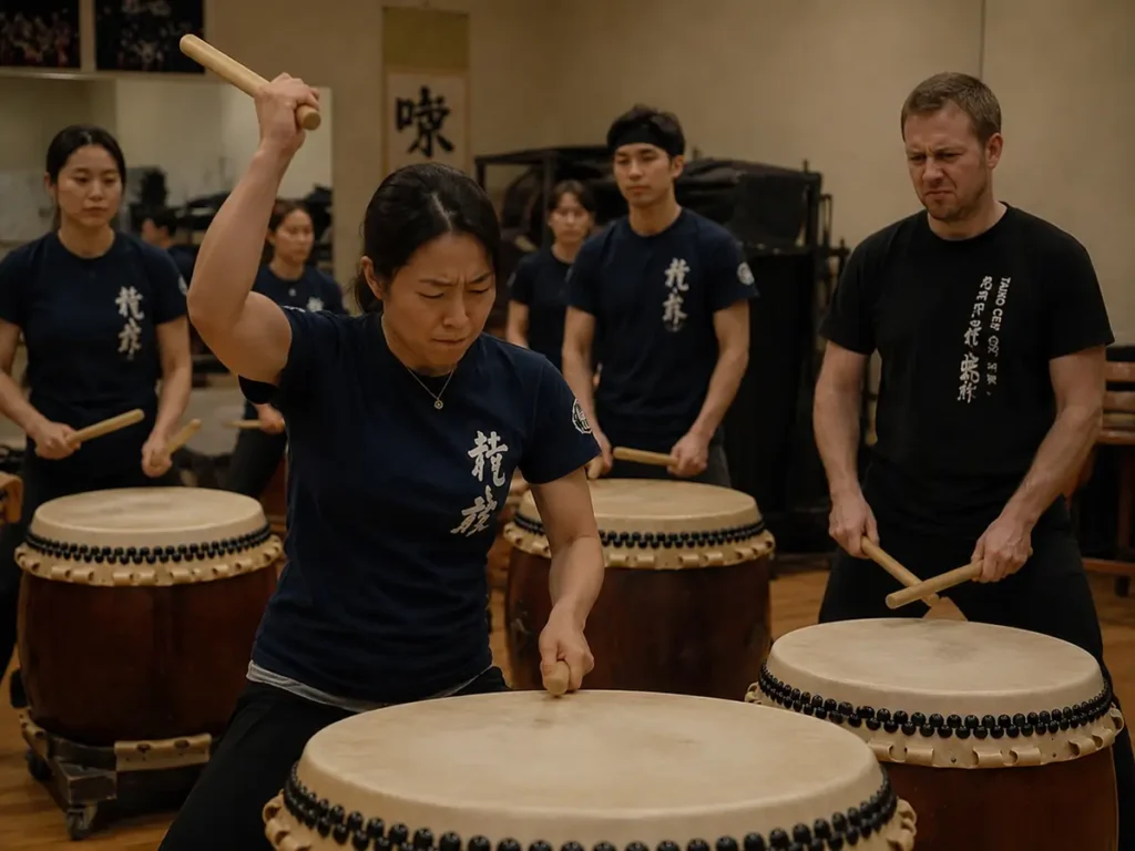 A group of musicians practicing on traditional Nagado Daiko drums in a studio, with a woman in the foreground raising her bachi to strike.