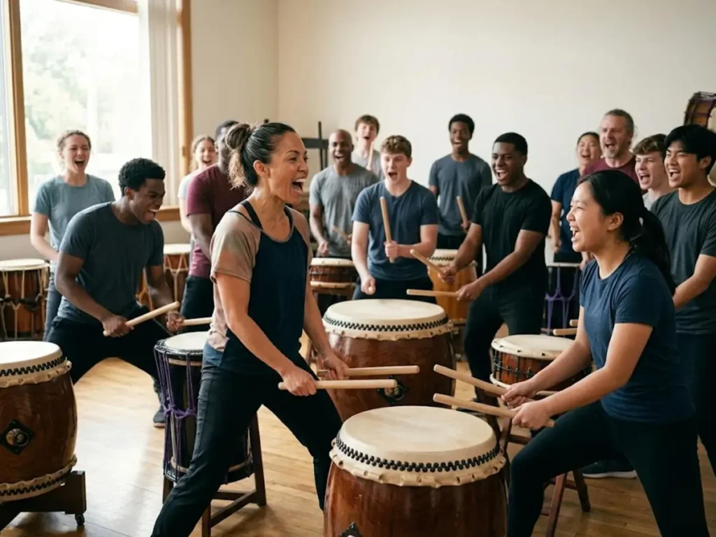 Energetic taiko drumming workshop with diverse group of participants playing nagado taiko drums with wooden bachi, shouting kiai together in a bright studio space