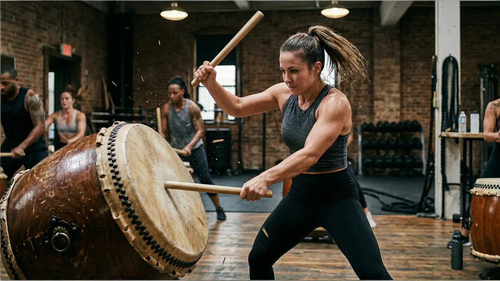A woman focused expression, flying hair, and the presence of other blurry participants and taiko drums in the background reinforce the high-energy, high-calorie-burning nature of the class.
