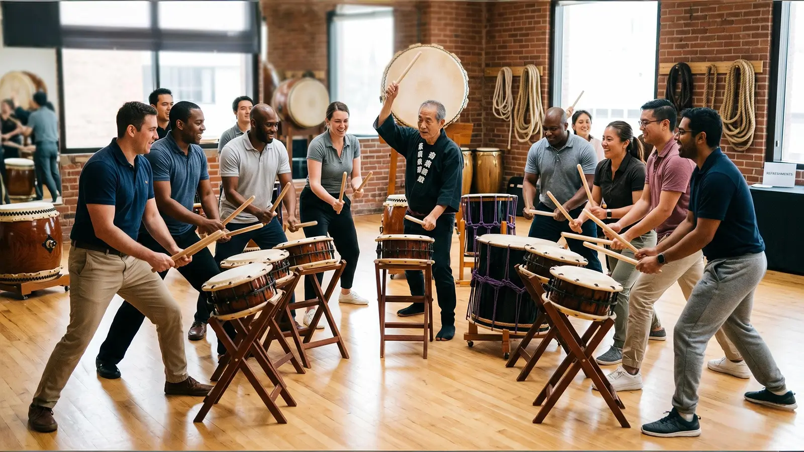 Taiko master in traditional happi coat leading a corporate team building drumming circle with participants playing taiko drums on wooden stands in a brick loft studio