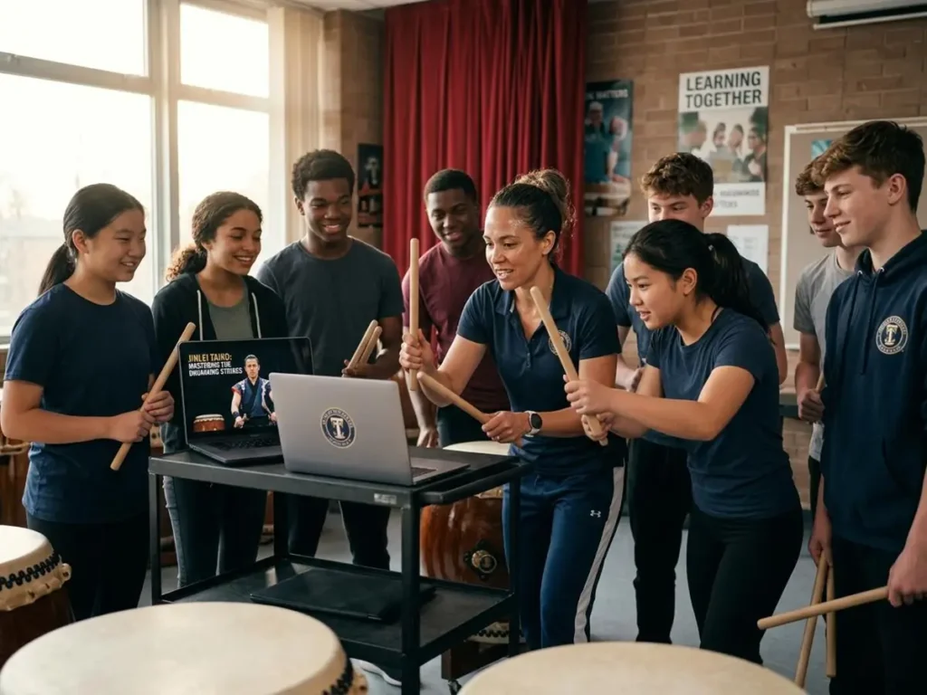 The laptop screen shows an online Taiko drumming instructional video. The teacher and several students are holding wooden drumsticks, smiling, and looking attentively at the screen, illustrating a collaborative learning environment. Several large traditional Taiko drums are visible in the foreground and background.