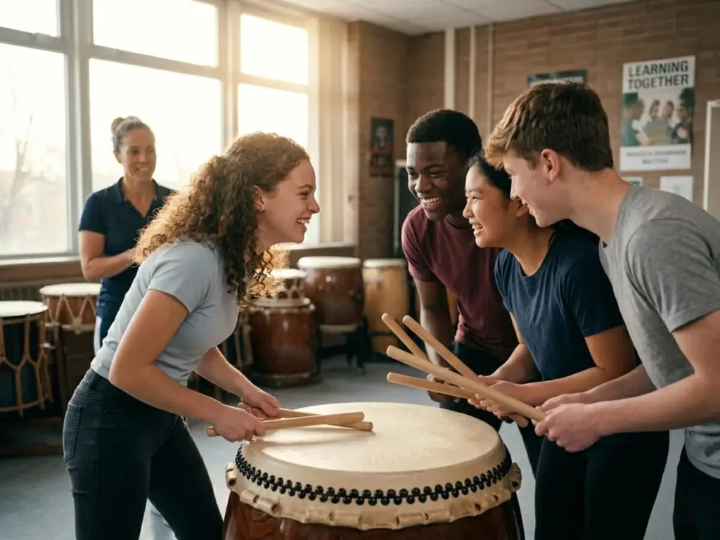 Four diverse teenagers are gathered around a large traditional Taiko drum in a bright classroom, holding wooden bachi and laughing enthusiastically with each other. They are leaning in closely, sharing a joyful and highly engaged moment.