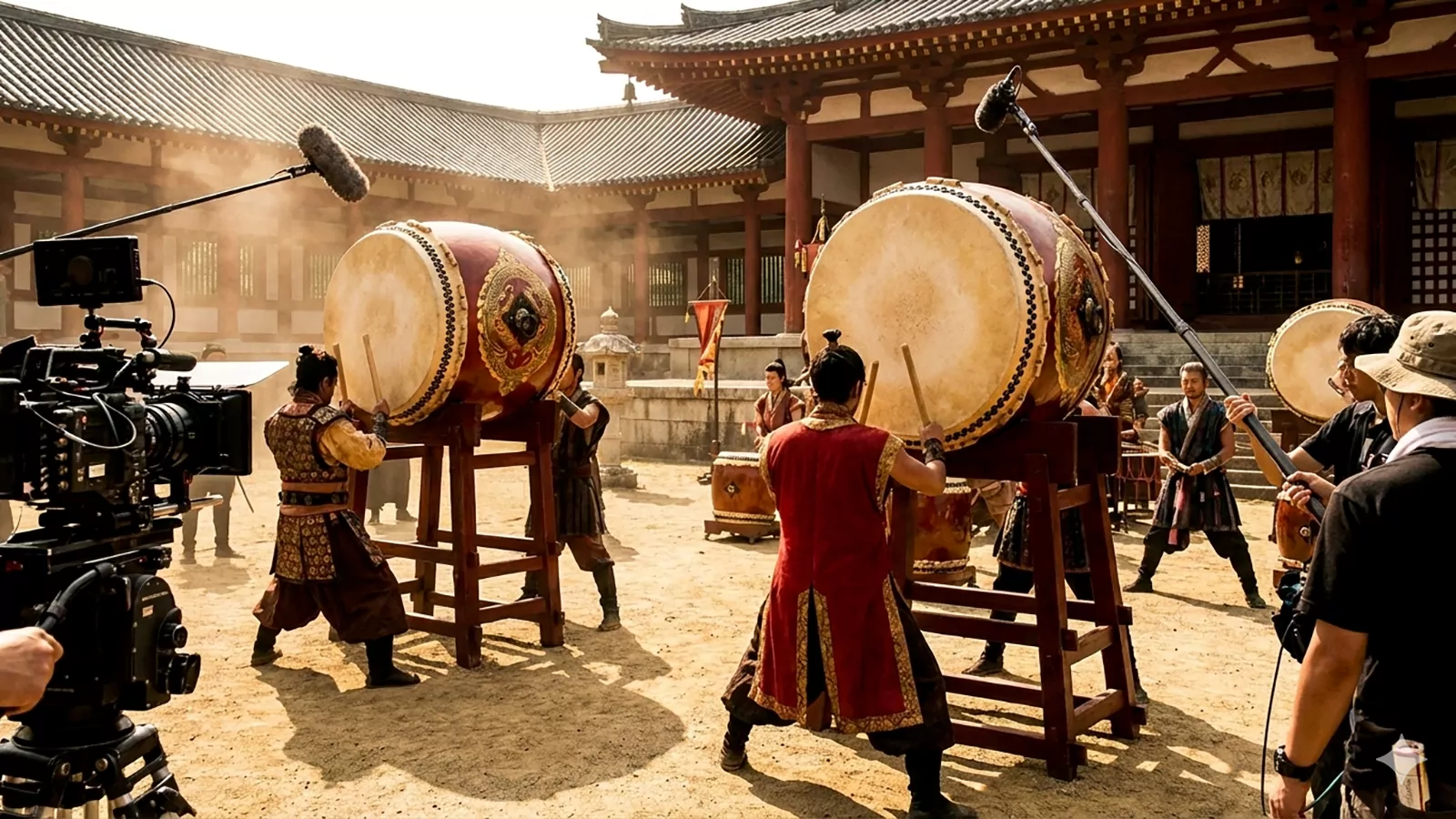 Behind-the-scenes of a film crew recording a traditional Taiko drumming performance in a historic temple courtyard.