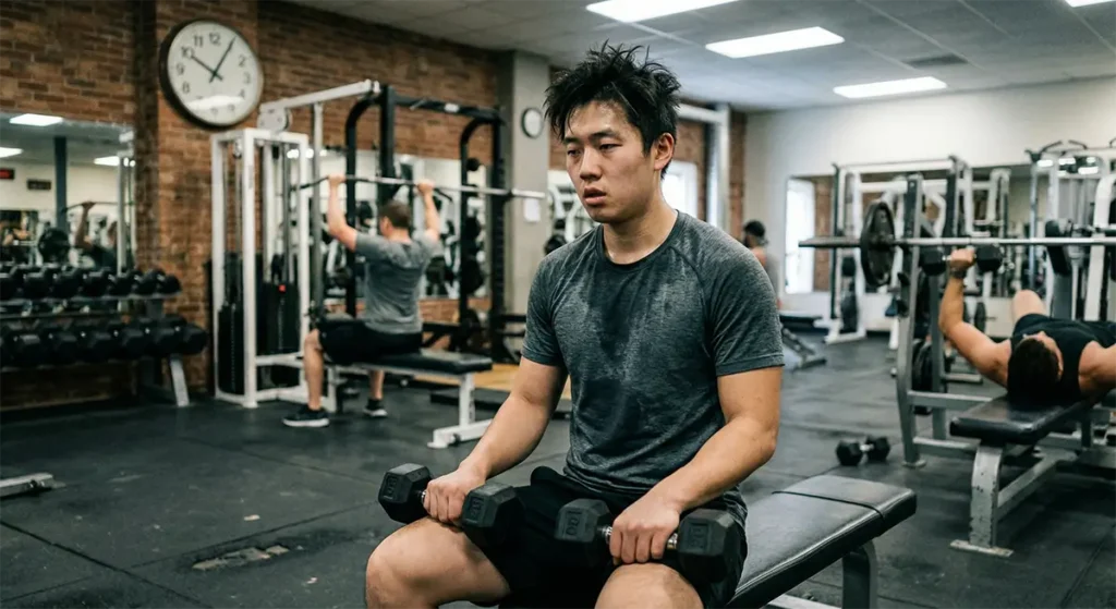 A young man sitting on a gym bench holding dumbbells, looking exhausted and unmotivated during his workout.