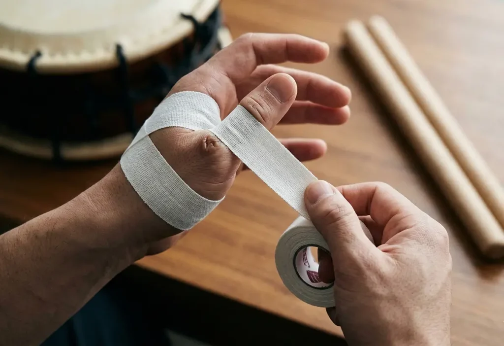 A detailed close-up of a person's hands applying white athletic tape for protection. In the background, a traditional taiko drum and bachi drumsticks are visible on a wooden surface.